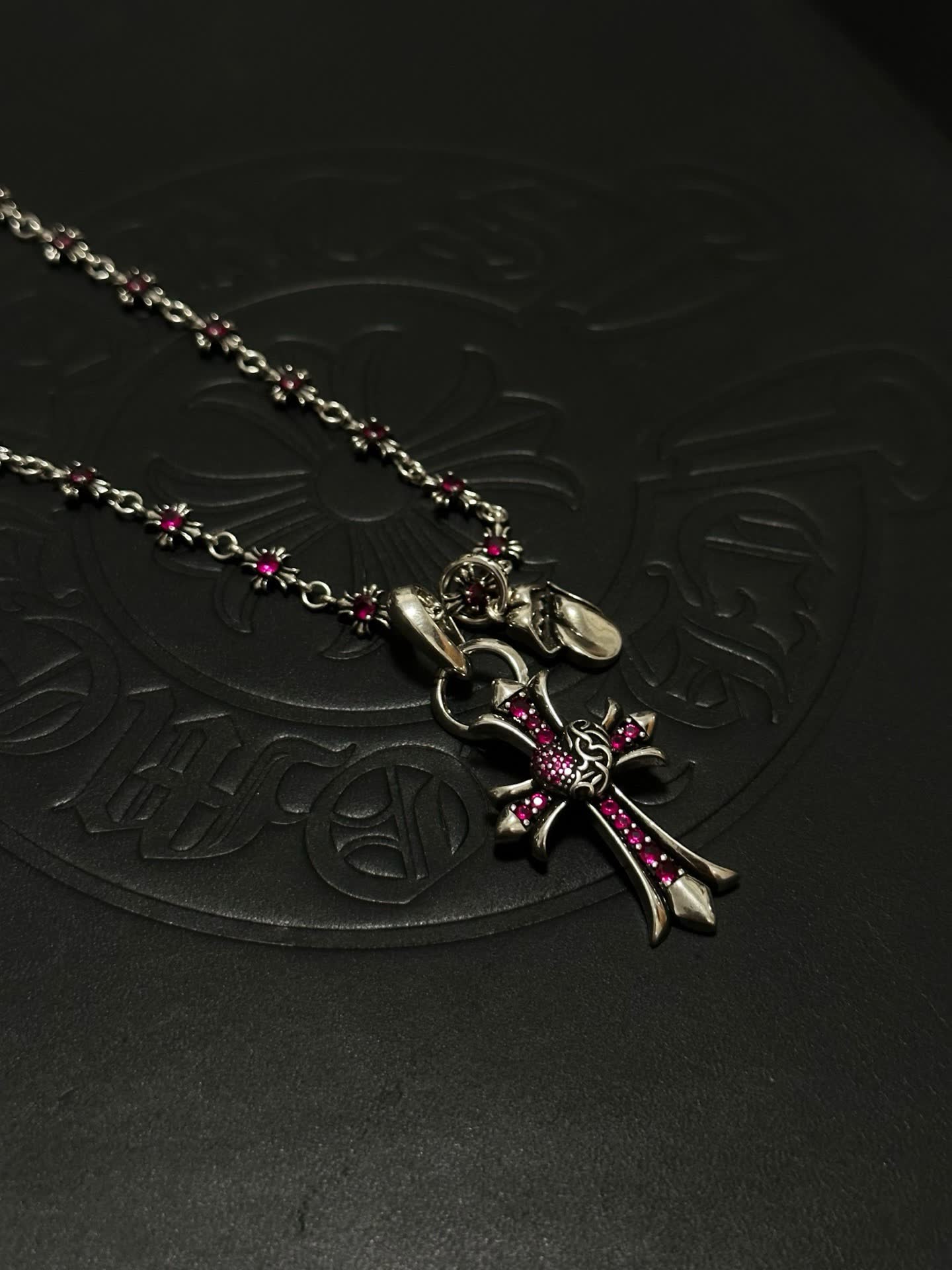 Chrome Hearts Black Cross Necklace with Pink Stones